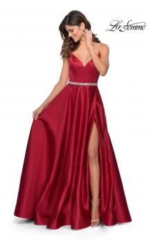 Picture of: Satin A-line Gown with Rhinestone Belt and Straps in Red, Style: 28695, Main Picture