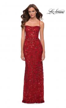 Picture of: Print Sequin Long Dress with Lace Up Back in Red, Style 29638, Main Picture