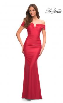 Picture of: Ruched Off the Shoulder Gown with V Neckline in Red, Main Picture