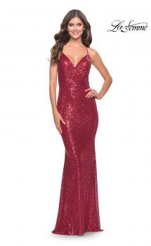 Picture of: Sequin Long Dress with V Neckline and Open Low Back in Red, Style: 31031, Main Picture