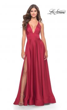 Picture of: A-Line Satin Gown with Deep V and Slit in Red, Style: 31533, Main Picture