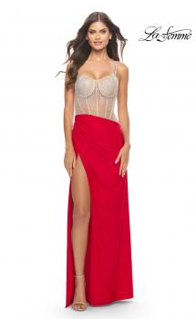 Picture of: Prom Dress with Rhinestone Sheer Bodice and Asymmetrical Skirt in Red, Style: 31537, Main Picture
