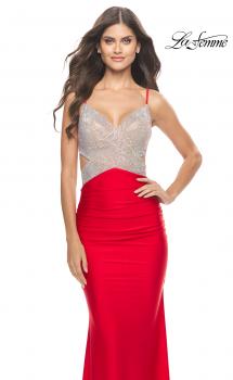 Picture of: Ruched Gown with Rhinestone Bodice and Side Cut Outs in Red, Style: 31606, Main Picture