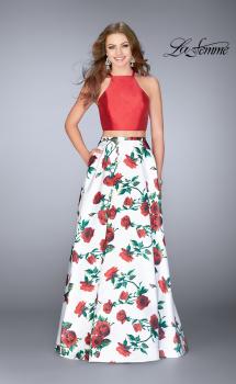 Picture of: Two Piece Mikado Dress with Floral Print Skirt in Red/Multi, Style: 24692, Main Picture