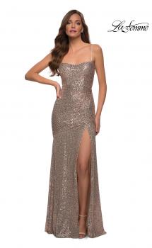 Picture of: Lace Up Back Sequin Gown with Flare Skirt in Rose Gold, Style 29741, Main Picture