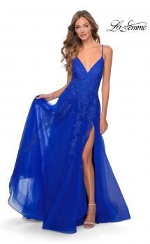 Picture of: Tulle Prom Dress with Floral Detail and Side Slit in Royal Blue, Style: 28985, Main Picture