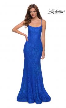Picture of: Stretch Lace Gown with Lace Up Strappy Back in Royal Blue, Style 29611, Main Picture