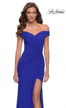 Picture of: Off the Shoulder Net Jersey Dress with Ruching in Royal Blue, Style 29756, Main Picture