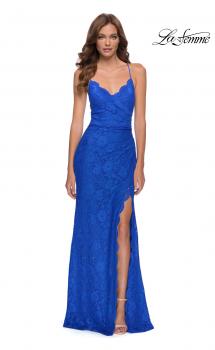 Picture of: Lace Long Dress with Scallop Detail on Skirt Slit in Royal Blue, Style 29939, Main Picture