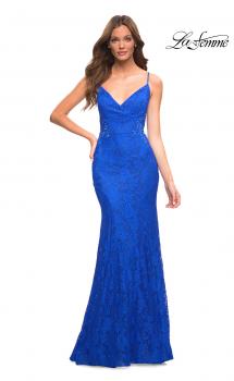 Picture of: Lace Gown with Sheer Lace Applique Side Panels in Royal Blue, Main Picture