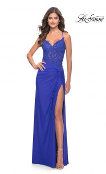 Picture of: Lace Asymmetrical Gown with Jersey Skirt and Twist Knot Detail in Royal Blue, Style: 31520, Main Picture