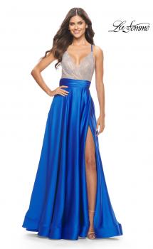 Picture of: Satin Gown with Sheer Rhinestone Bodice in Royal Blue, Style: 31592, Main Picture