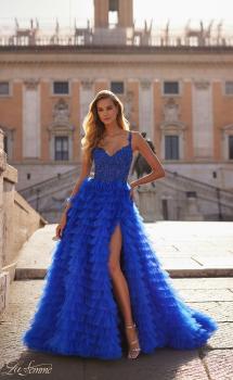 Picture of: Ruffle Tulle Prom Gown with Illusion Lace Bodice and High Slit in Royal Blue, Style: 32128, Main Picture