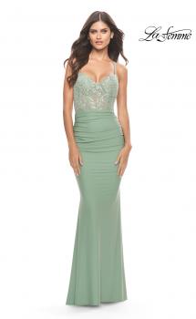 Picture of: Beaded Lace Bodice with Sheer Waist Long Jersey Gown in Sage, Style: 31306, Main Picture