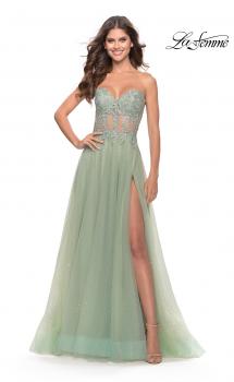 Picture of: Rhinestone Tulle Gown with Sheer Lace Bodice in Sage, Style: 31367, Main Picture