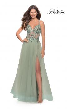 Picture of: Tulle A-Line Gown with Sheer Bodice and Beaded Lace Detail in Sage, Style: 31369, Main Picture
