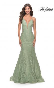 Picture of: Long Mermaid Lace Dress with Back Rhinestone Detail in Sage, Style: 31512, Main Picture