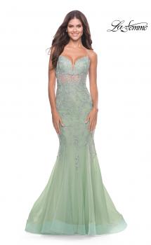 Picture of: Mermaid Tulle and Lace Gown with Illusion Bodice in Sage, Style: 31579, Main Picture