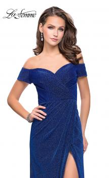Picture of: Off the Shoulder Prom Dress with Wrap Side Leg Slit in Sapphire Blue, Style: 25955, Main Picture