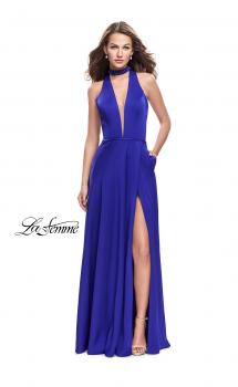 Picture of: Long Satin Prom Dress with Pockets and Beaded Choker in Sapphire Blue, Style: 26154, Main Picture