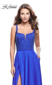Picture of: Long Satin Prom Gown with Beaded Bodice and V Back in Sapphire Blue, Style: 26275, Main Picture