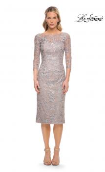 Picture of: Fitted Lace Short Dress with Illusion Sleeves in Silver, Style: 30036, Main Picture
