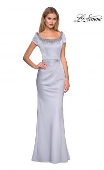 Picture of: Long Satin Gown with Embellished Square Neckline in Silver, Style: 27244, Main Picture