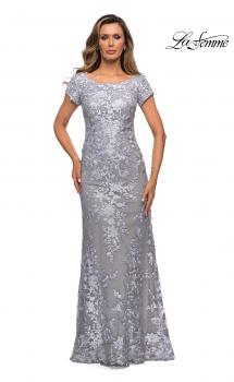 Picture of: Long Three Quarter Sleeve Floral Lace Evening Gown in Silver, Style: 27842, Main Picture