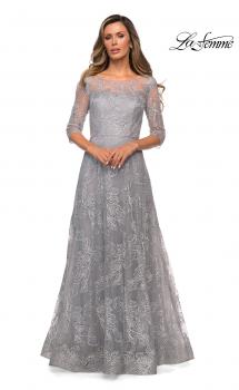 Picture of: A-line Lace Sequin Gown with Sheer Scoop Neckline in Silver, Style: 27942, Main Picture