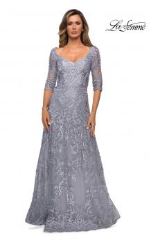 Picture of: Embroidered Lace Gown with V Neckline and Flare Skirt in Silver, Style: 27949, Main Picture