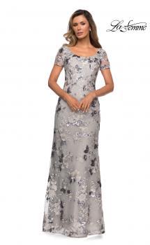 Picture of: Floral Short Sleeve Formal Dress with Scoop Neck in Silver, Style: 27991, Main Picture