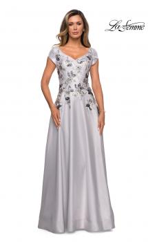 Picture of: Modern A-line Gown with Floral Bodice and Cap Sleeves in Silver, Style: 28105, Main Picture