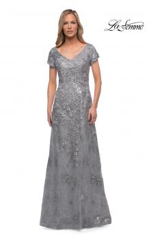 Picture of: Long Lace Mother of the Bride Gown with V Neckline in Silver, Main Picture