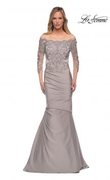 Picture of: Satin Mermaid Gown with Off the Shoulder Lace Bodice in Silver, Main Picture
