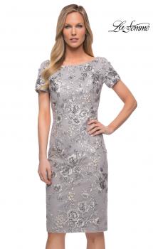 Picture of: Short Sleeve Below the Knee Dress with High Neckline in Silver, Main Picture