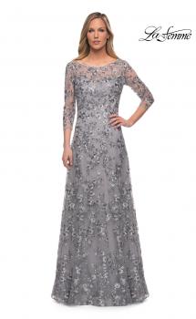 Picture of: Lace Gown with Full Skirt and Sheer Lace Sleeves in Silver, Main Picture