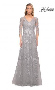 Picture of: Long Lace Evening Dress with V Neckline and Sleeves in Silver, Style: 29989, Main Picture