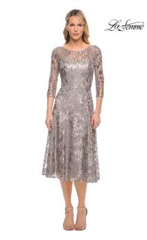 Picture of: Lace Metallic Tea Length Dress with Three-Quarter Sleeves in Silver, Style: 29993, Main Picture