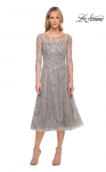 Picture of: Lace Tea Length Dress with Flare Skirt and High Neckline in Silver, Style: 30002, Main Picture