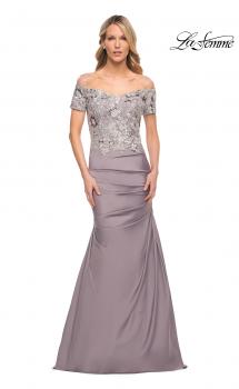 Picture of: Off the Shoulder Satin and Lace Beaded Mermaid Gown in Silver, Style: 30045, Main Picture