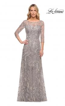 Picture of: Long Evening Gown with Unique Lace Beaded Design in Silver, Style: 30161, Main Picture