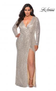 Picture of: Long Sleeve Sequin Plus Size Prom Dress with Slit in Silver, Style: 28880, Main Picture