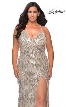 Picture of: Fringe Sequin Plus Size Prom Gown with Criss Cross Back in Silver, Style: 29013, Main Picture