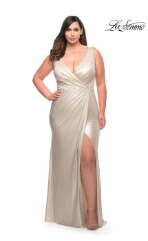 Picture of: Metallic Jersey Plus Gown with Slit and V Neckline in Silver, Style: 30267, Main Picture