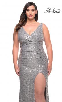Picture of: Stretch Sequin Plus Size Gown with Slit and V Neck in Silver, Style: 30307, Main Picture