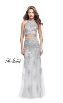 Picture of: Beaded Lace Two Piece Prom Dress with High Neckline in Silver, Style: 26294, Main Picture