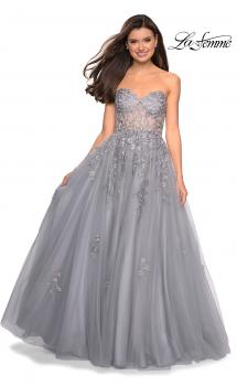 Picture of: Strapless Tulle Gown with Corset Bodice and Lace Detail in Silver, Style: 27592, Main Picture
