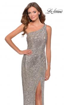 Picture of: Long Sequin One Shoulder Ruched Prom Dress in Silver, Style: 28401, Main Picture