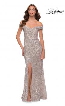 Picture of: Off the Shoulder Ruched Sequin Dress with Slit in Silver, Style 29831, Main Picture