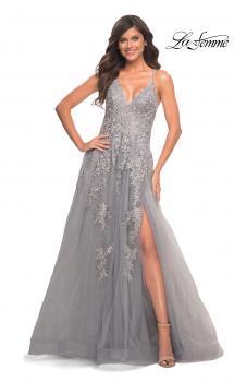 Picture of: Tulle Prom Dress with Lace Detail in Silver in Silver, Style: 30810, Main Picture